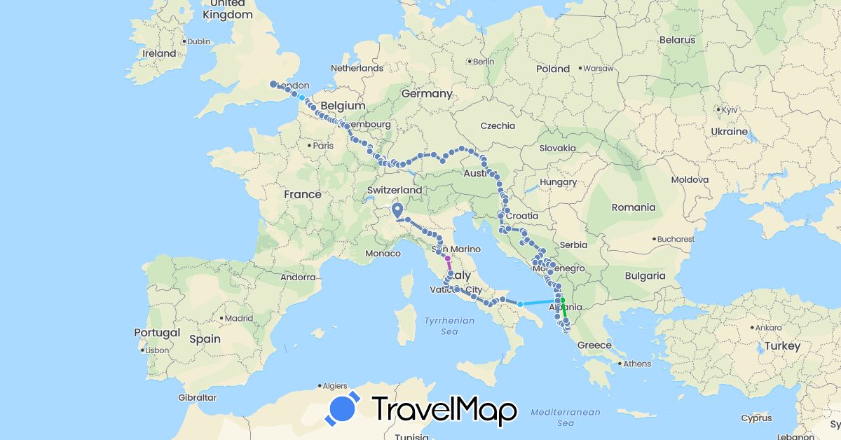 TravelMap itinerary: driving, bus, cycling, train, boat in Albania, Austria, Bosnia and Herzegovina, Germany, France, United Kingdom, Croatia, Italy, Montenegro, Slovenia (Europe)